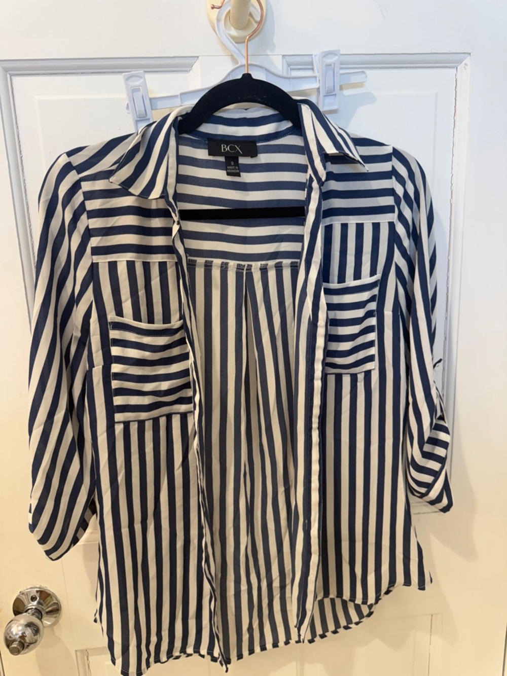 BCX Navy & White Vertical Striped Shirt Jacket
